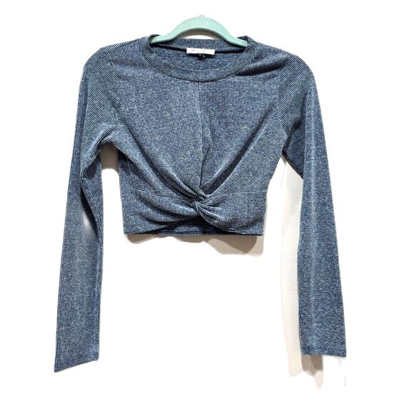 Peach Puff Top Blue Cropped Long Sleeve Ribbed Basic Stretch Tie Women sz Small - Picture 1 of 7